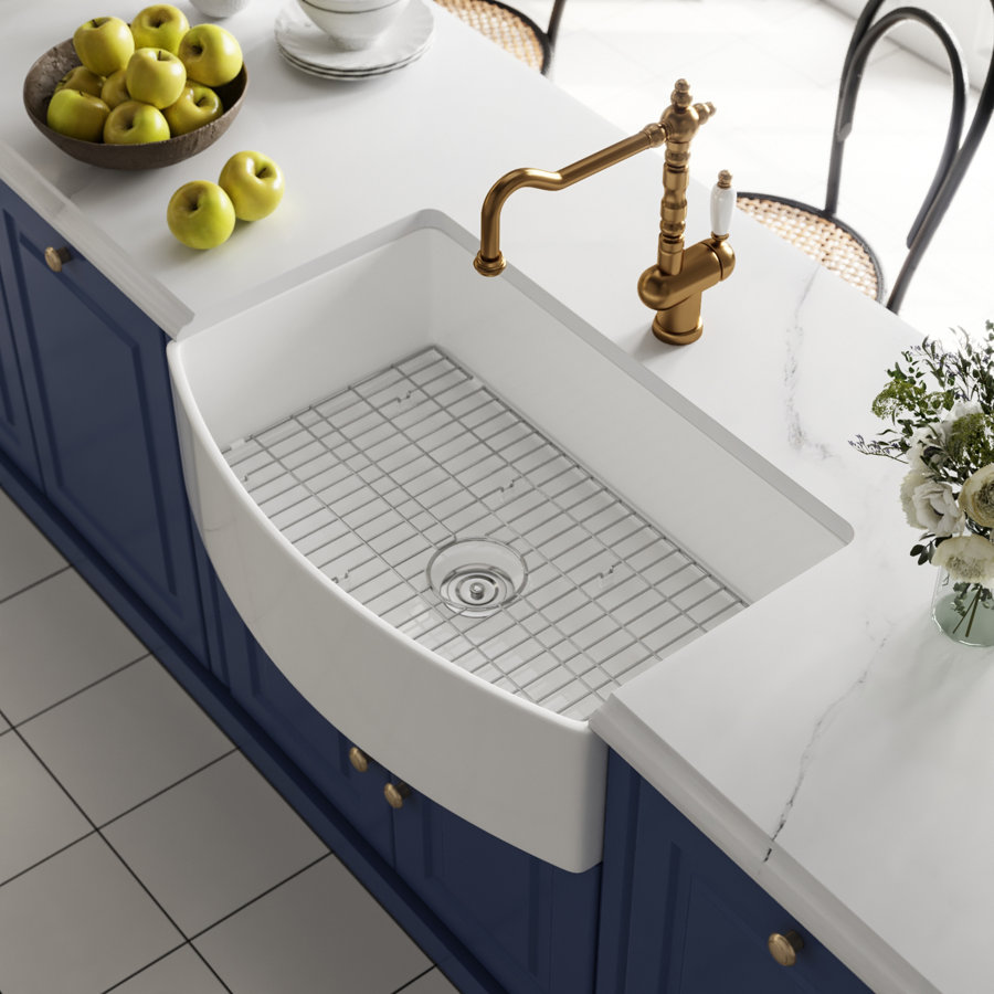 DeerValley Fireclay Single Basin Curved Farmhouse Kitchen Sink with Sink Grid and Basket Strainer